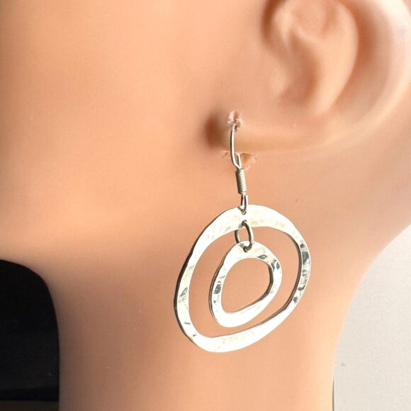 Hammered Sterling Silver Dangle Earrings Wavy Double Circle Design Vintage - Picture 5 of 8